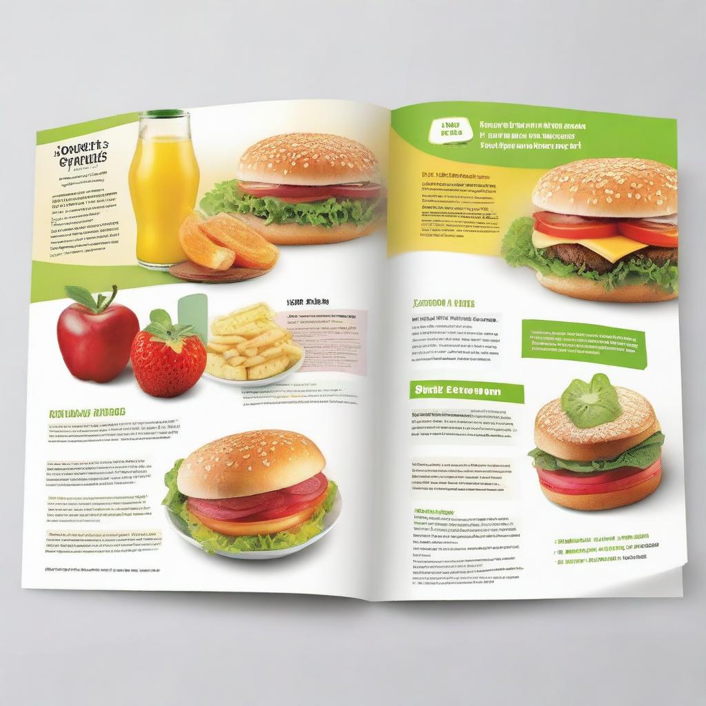 Design a brochure in English with large, easy-to-read text comparing healthy foods like fruits, vegetables, and lean proteins, to unhealthy foods such as junk food, sugary drinks, and processed items.