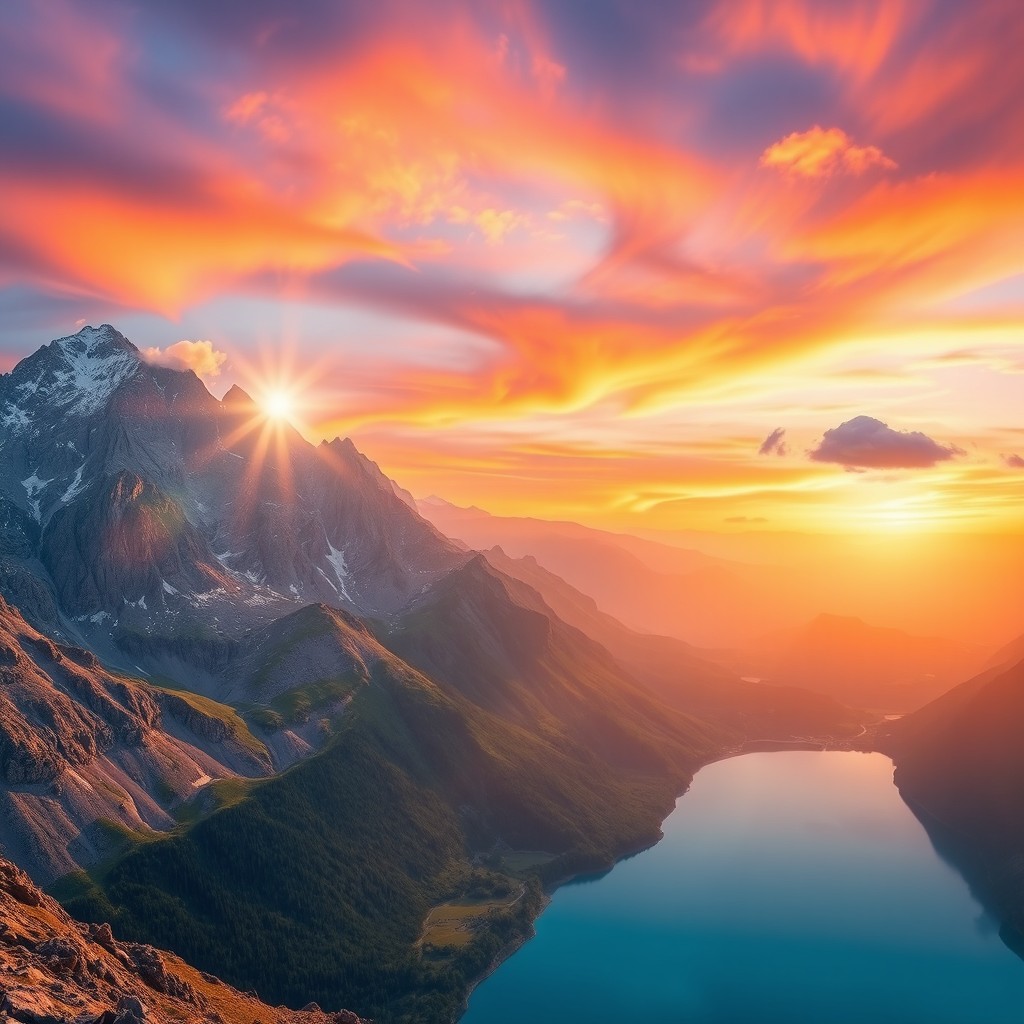 A stunning landscape of rugged mountains during a vibrant sunrise, with a bright flash of light illuminating the scene