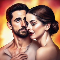 A high-quality digital art image featuring Alison Brie, exuding sensuality, alongside an unidentified man