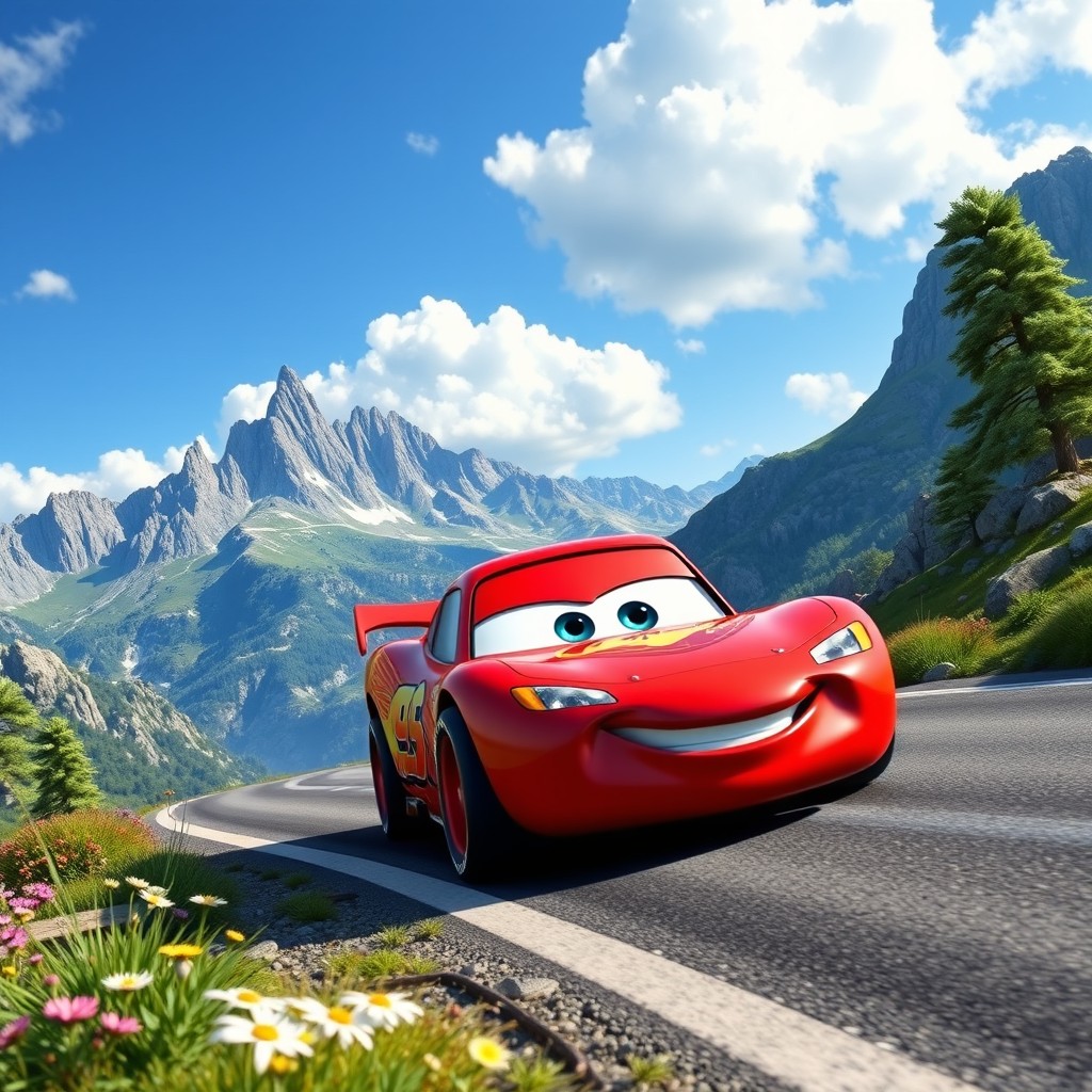 A vibrant and adventurous scene featuring Lightning McQueen, the famous animated racing car, driving through a stunning mountain landscape