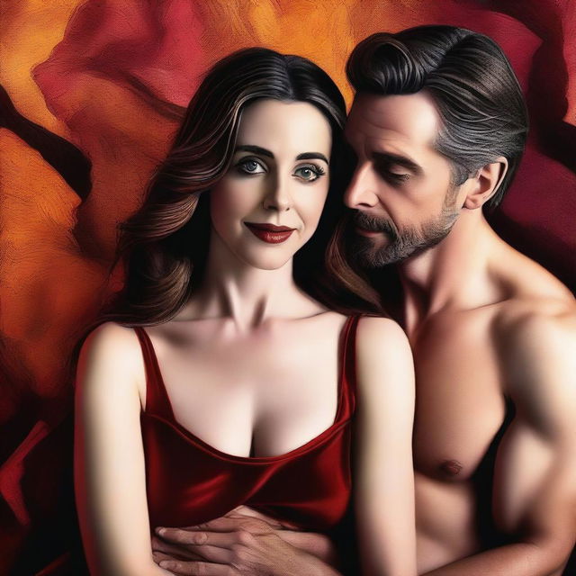 A high-quality digital art image featuring Alison Brie, exuding sensuality, alongside an unidentified man