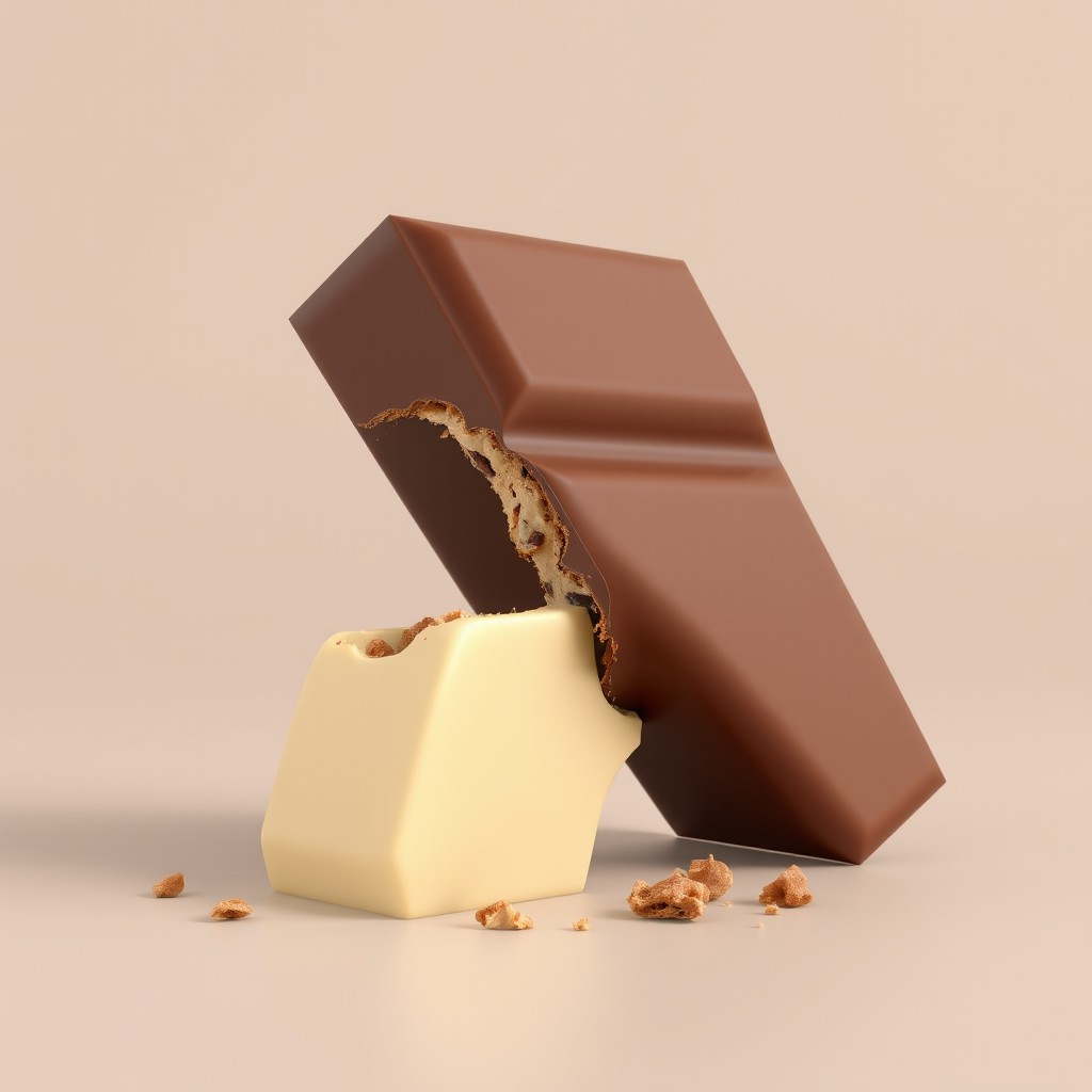 A realistic 3D render of a rectangular milk chocolate piece shown at a diagonal angle, leaning slightly to the right to emphasize its 3D structure and thickness