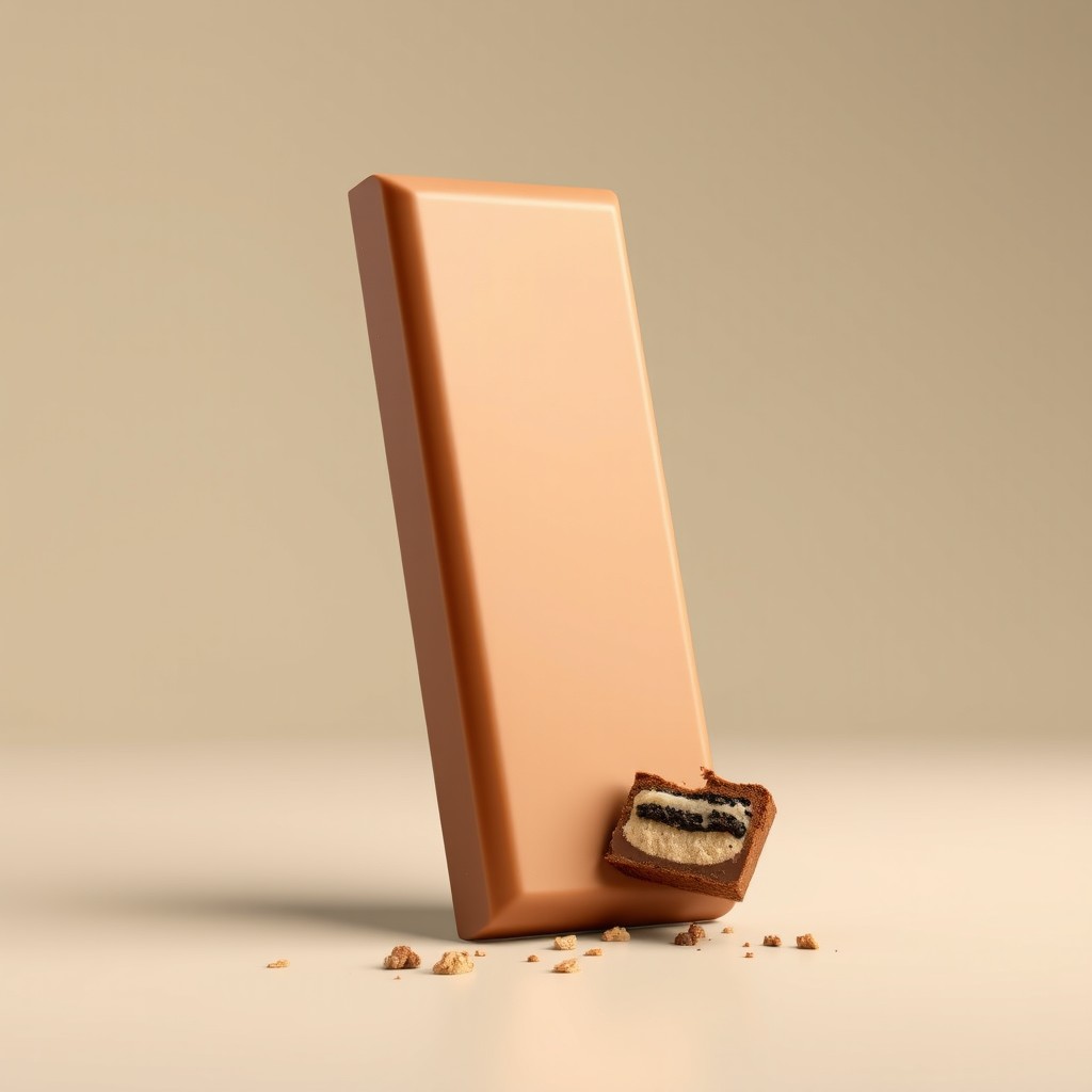 A realistic 3D render of a long and vertically standing rectangular milk chocolate piece, displayed at a diagonal angle and leaning slightly to the right to emphasize its 3D structure and thickness