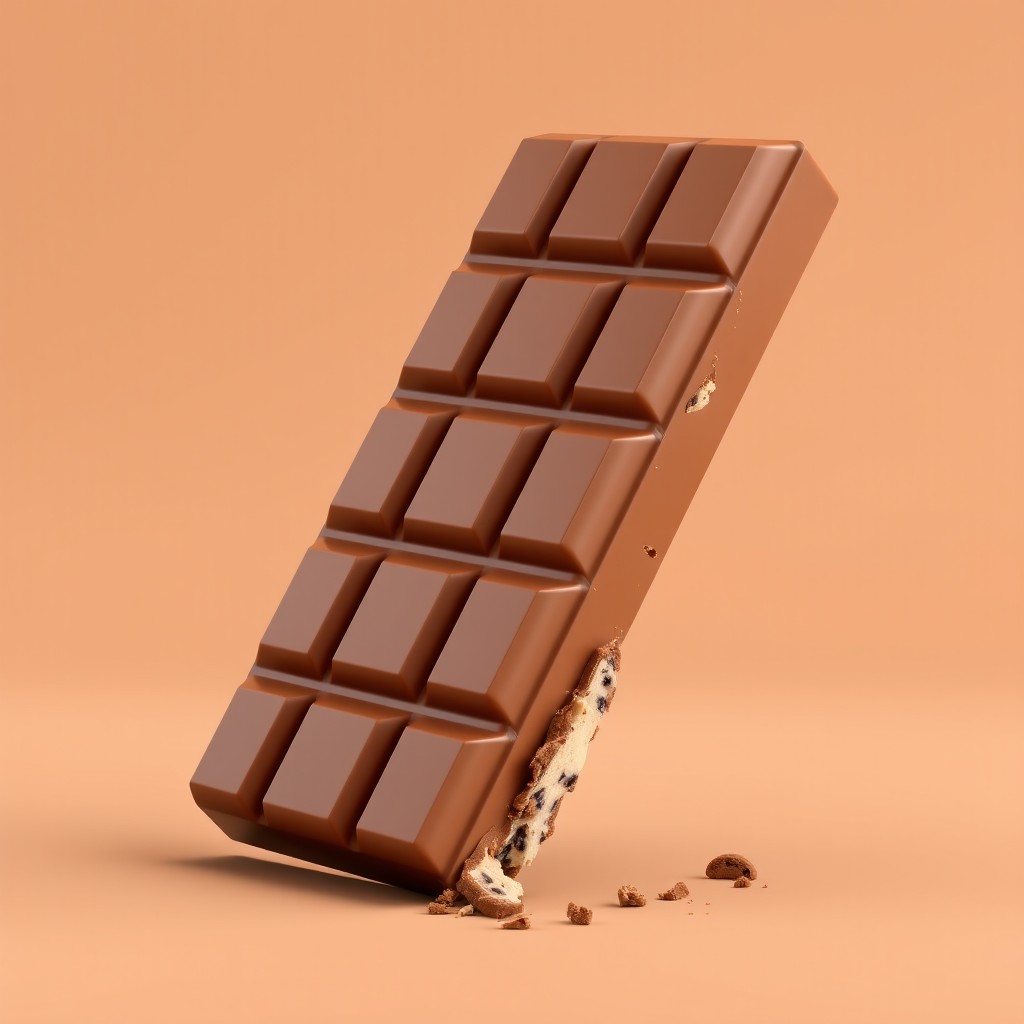 A realistic 3D render of a long and vertically standing rectangular milk chocolate bar, composed of square-shaped segments as seen in a traditional chocolate bar