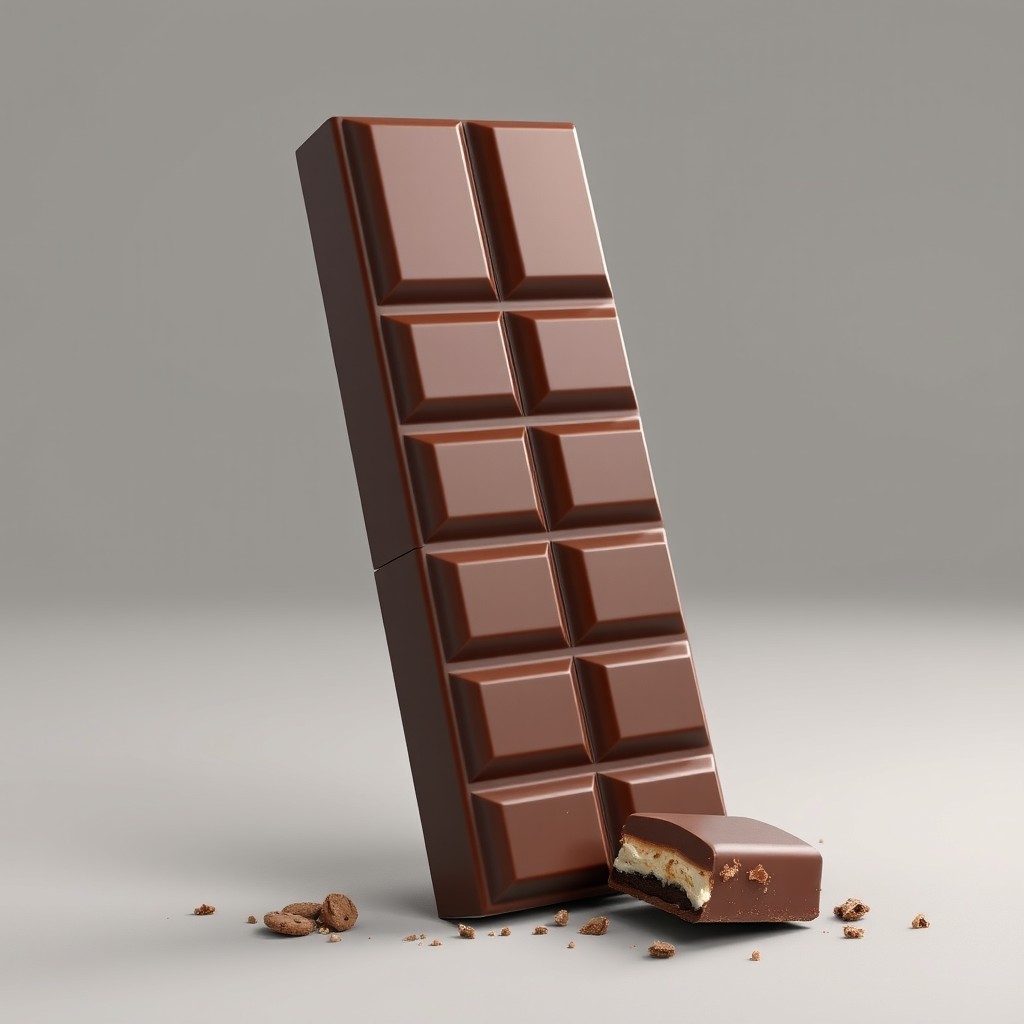 A realistic 3D render of a long and vertically standing rectangular milk chocolate bar, composed of square-shaped segments similar to a traditional chocolate bar