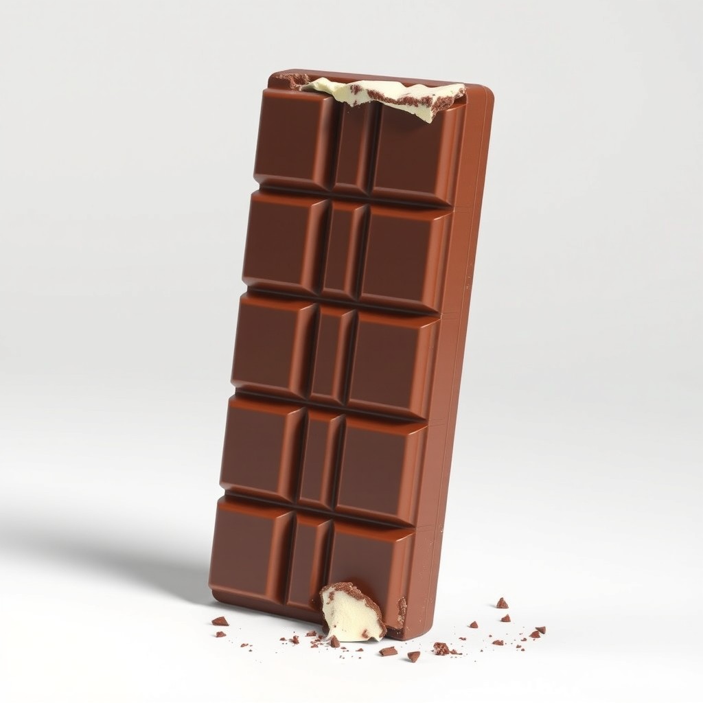 A realistic 3D render of a long and vertically standing rectangular milk chocolate bar, composed of square-shaped segments similar to a traditional chocolate bar