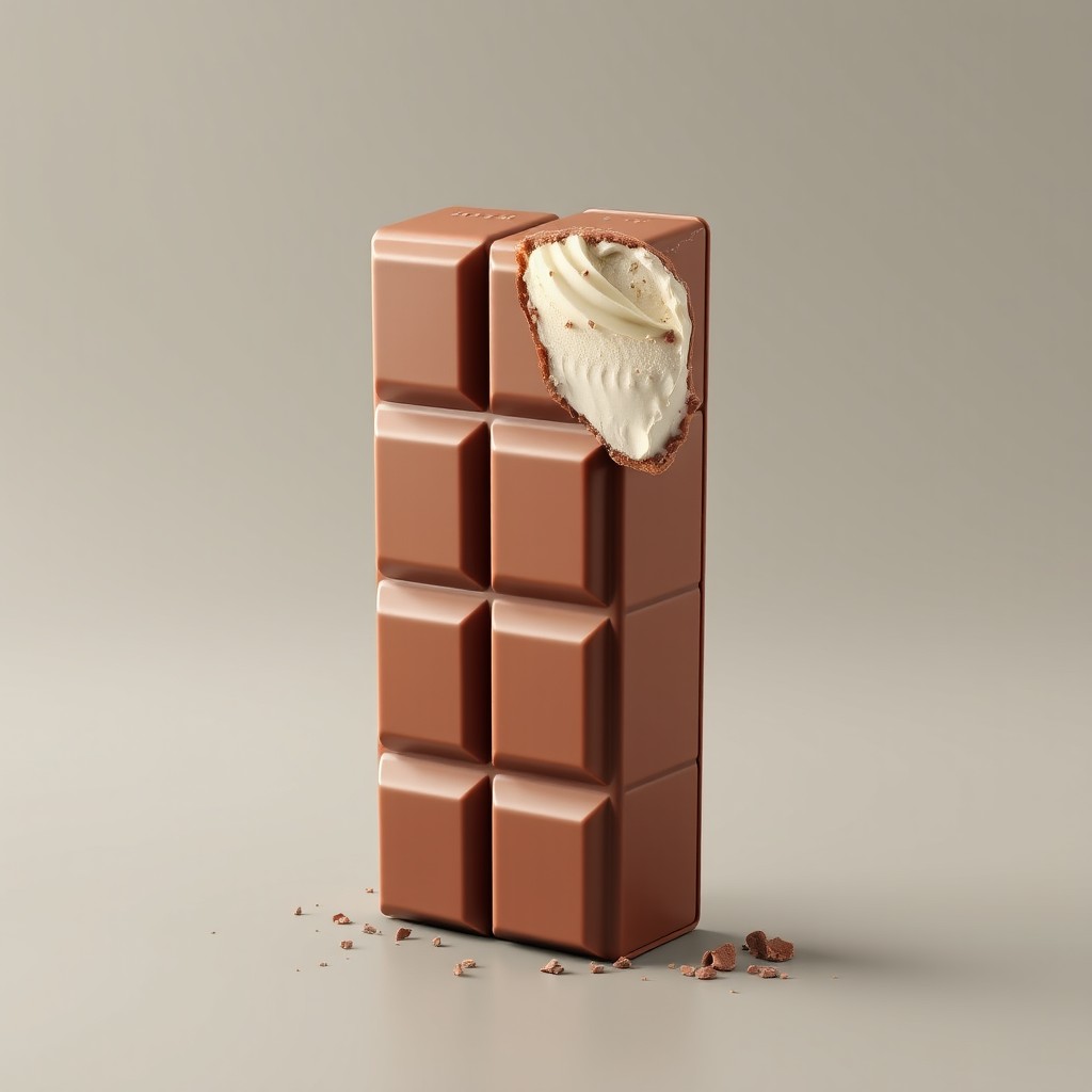A realistic 3D render of a long and vertically standing rectangular milk chocolate bar, composed of square-shaped segments, similar to a traditional chocolate bar