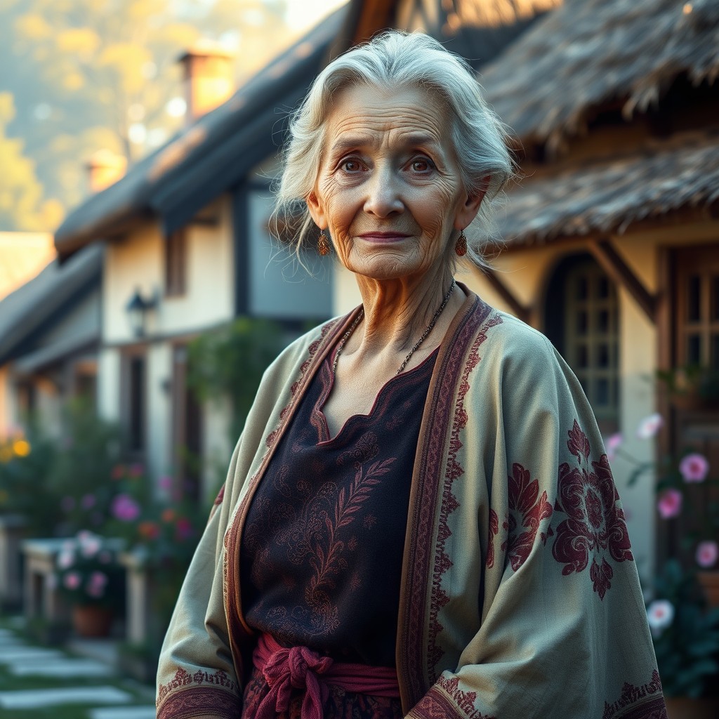 A captivating portrayal of an elderly female figure, often referred to as a 'granny', standing in a quaint village setting