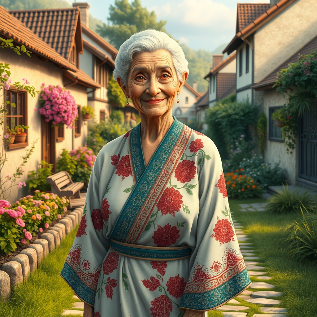 A serene depiction of an elderly female figure, affectionately known as 'granny', standing gracefully in a charming village setting