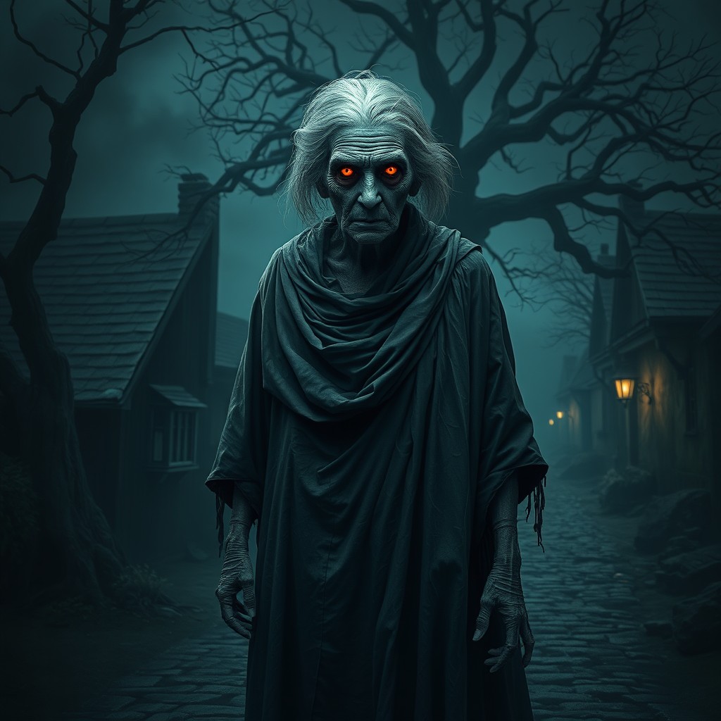 A haunting portrayal of an elderly female figure, known as 'granny', standing ominously in a dark village setting