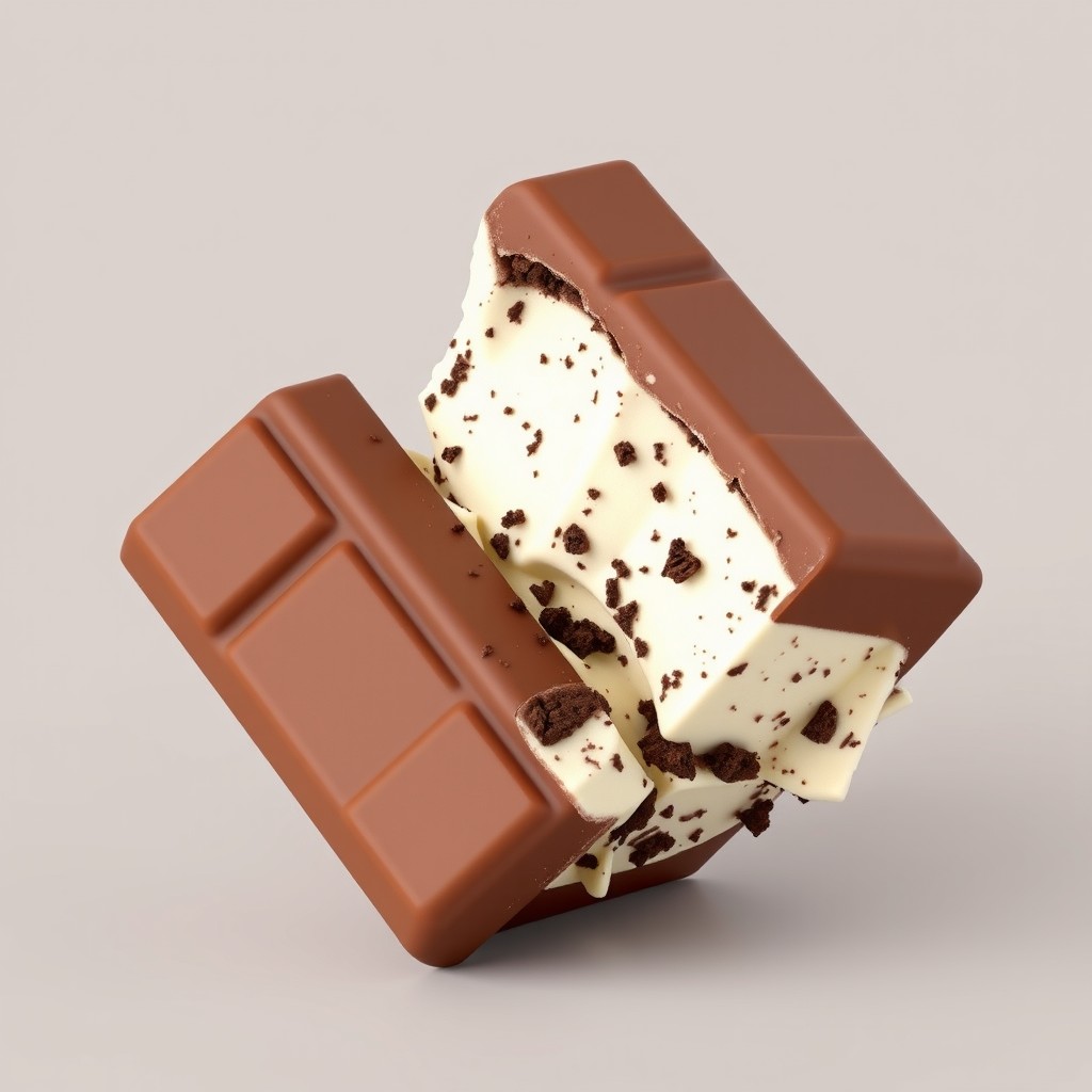 A realistic 3D render of an ice cream sandwich featuring two rectangular milk chocolate pieces attached to vanilla ice cream mixed with dark chocolate crumbs