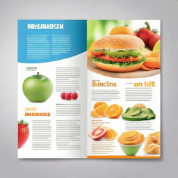 Design a brochure in English with large, easy-to-read text comparing healthy foods like fruits, vegetables, and lean proteins, to unhealthy foods such as junk food, sugary drinks, and processed items.