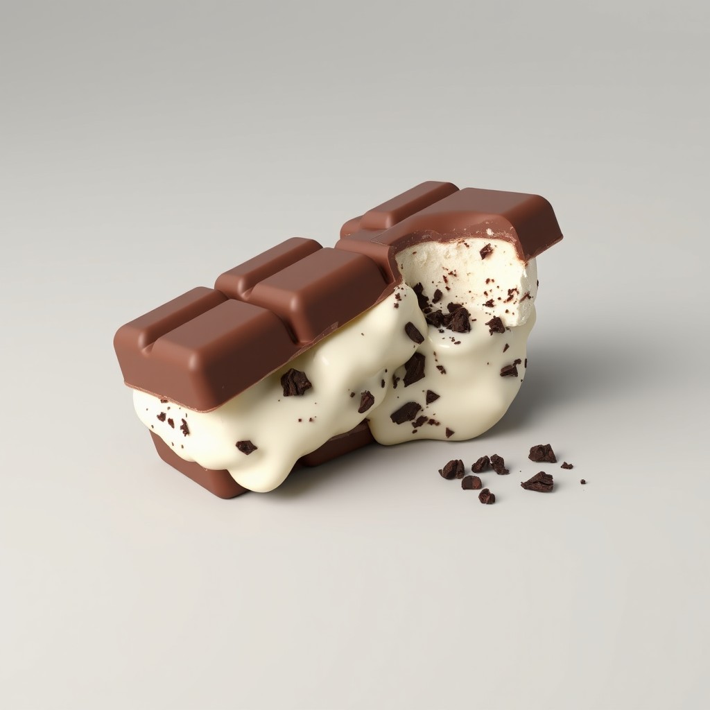 A realistic 3D render of an ice cream sandwich featuring two long rectangular milk chocolate pieces attached to vanilla ice cream mixed with dark chocolate crumbs