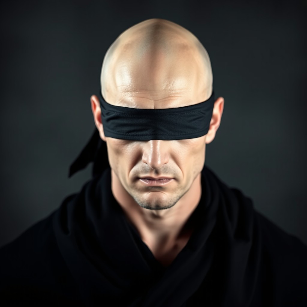 A striking portrait of a bald male figure with a serious expression, exuding an air of mystery and intensity
