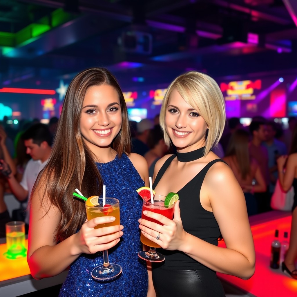 Two young women in a vibrant nightclub, smiling and posing for a photo