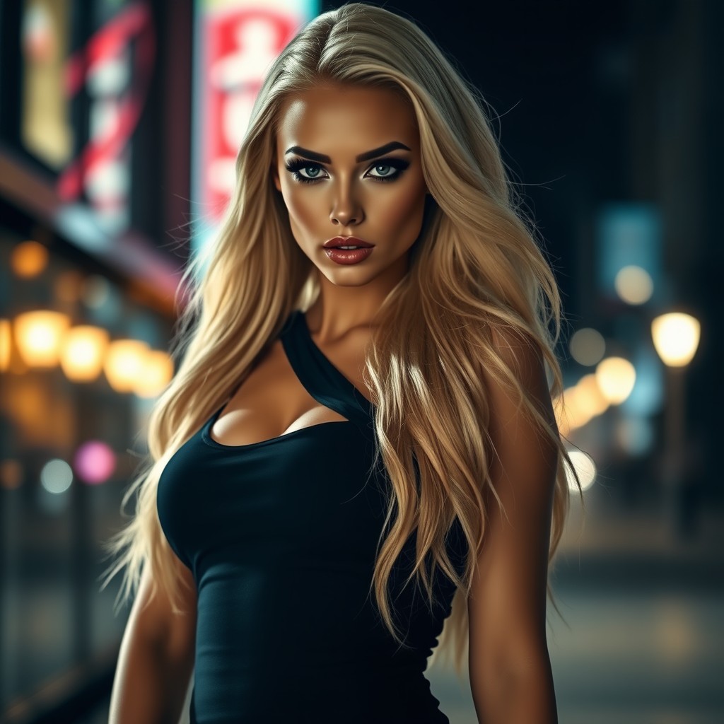 An alluring female figure with long, flowing blonde hair that cascades down her shoulders, beautifully framing her face