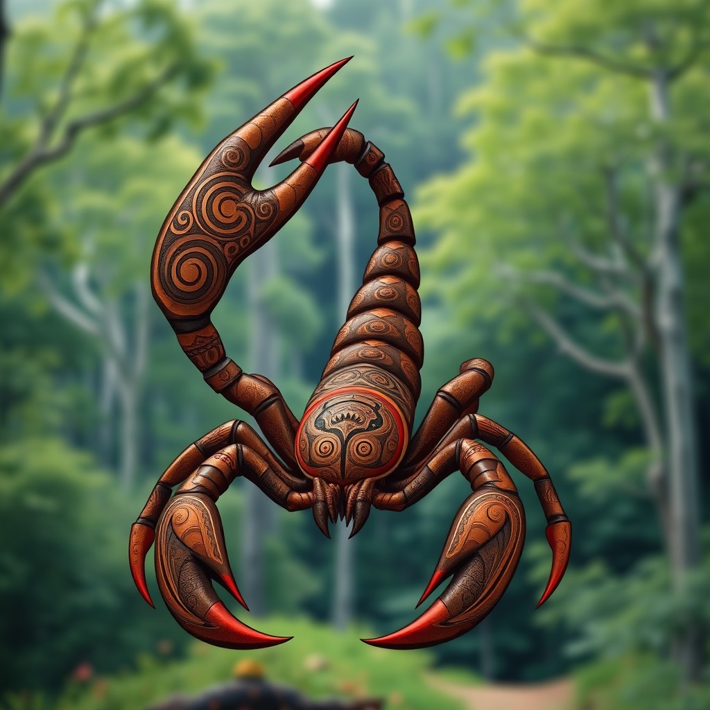 An intricate depiction of a Māori scorpion, featuring traditional Māori artistic elements such as koru patterns and swirling designs