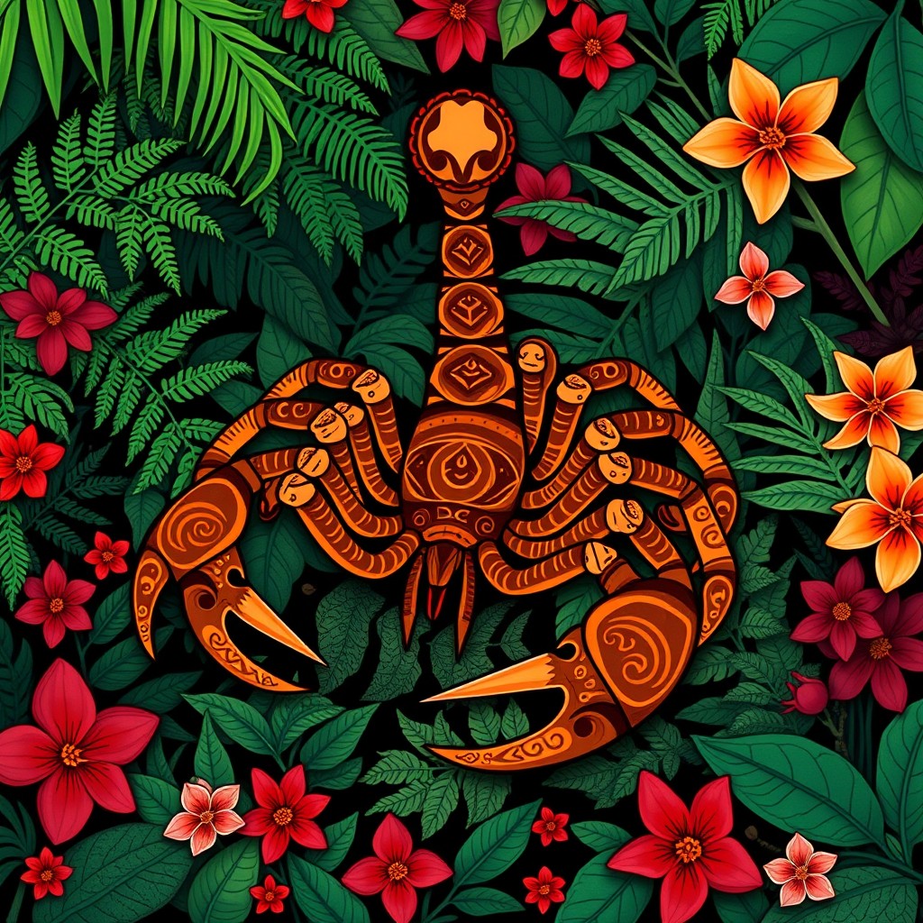 A beautifully intricate illustration of a Māori scorpion, showcasing the unique patterns and cultural details inspired by Māori artistry