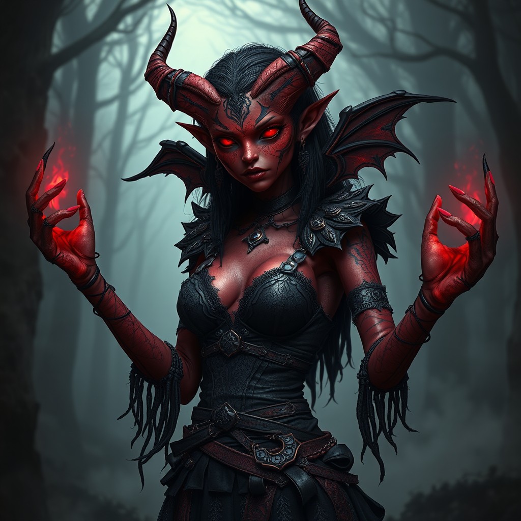 A captivating female demon character with an intriguing design, featuring stitched detachable limbs that emphasize her unique and eerie form