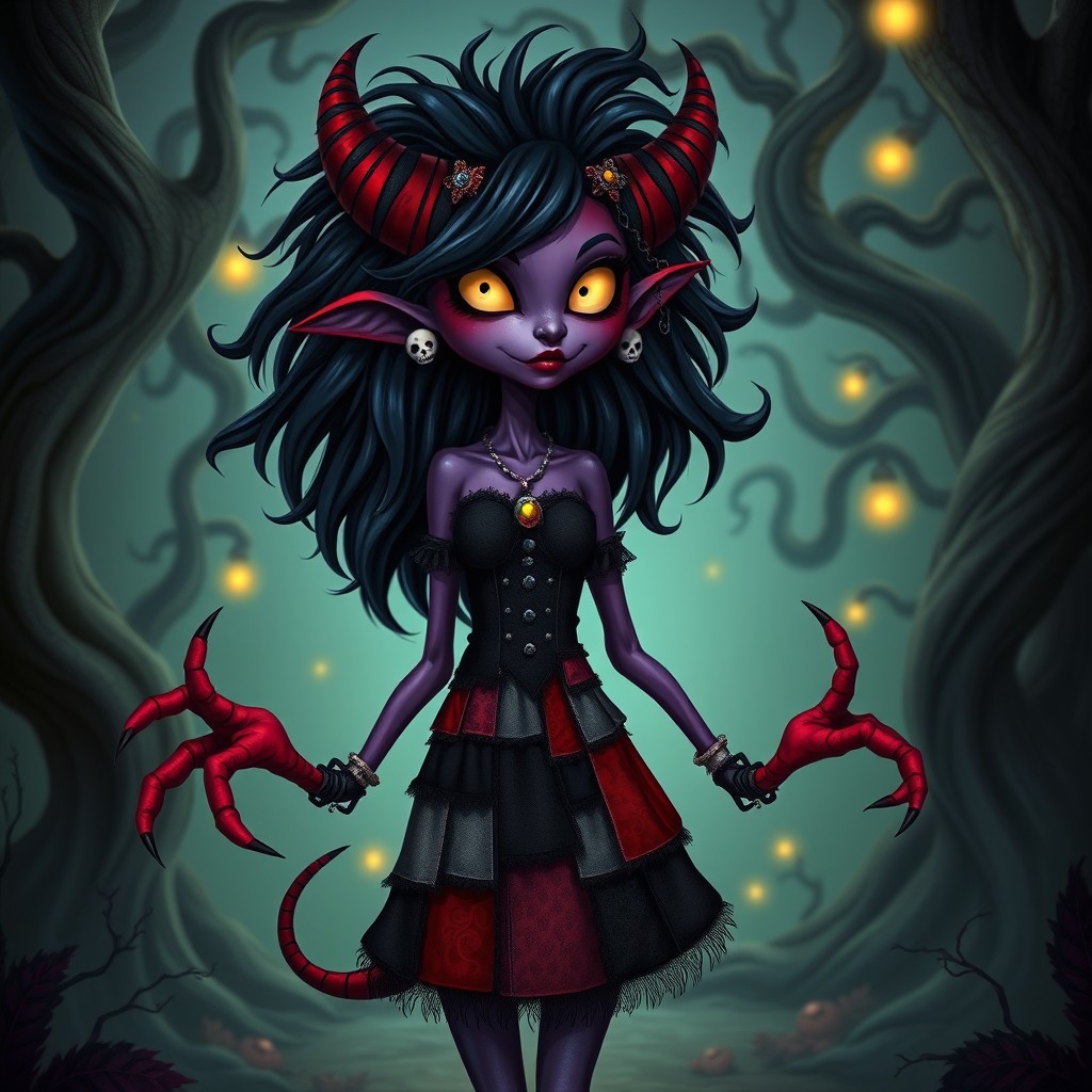 A female demon character with a whimsical design, featuring stitched detachable limbs resembling those of Sally from The Nightmare Before Christmas