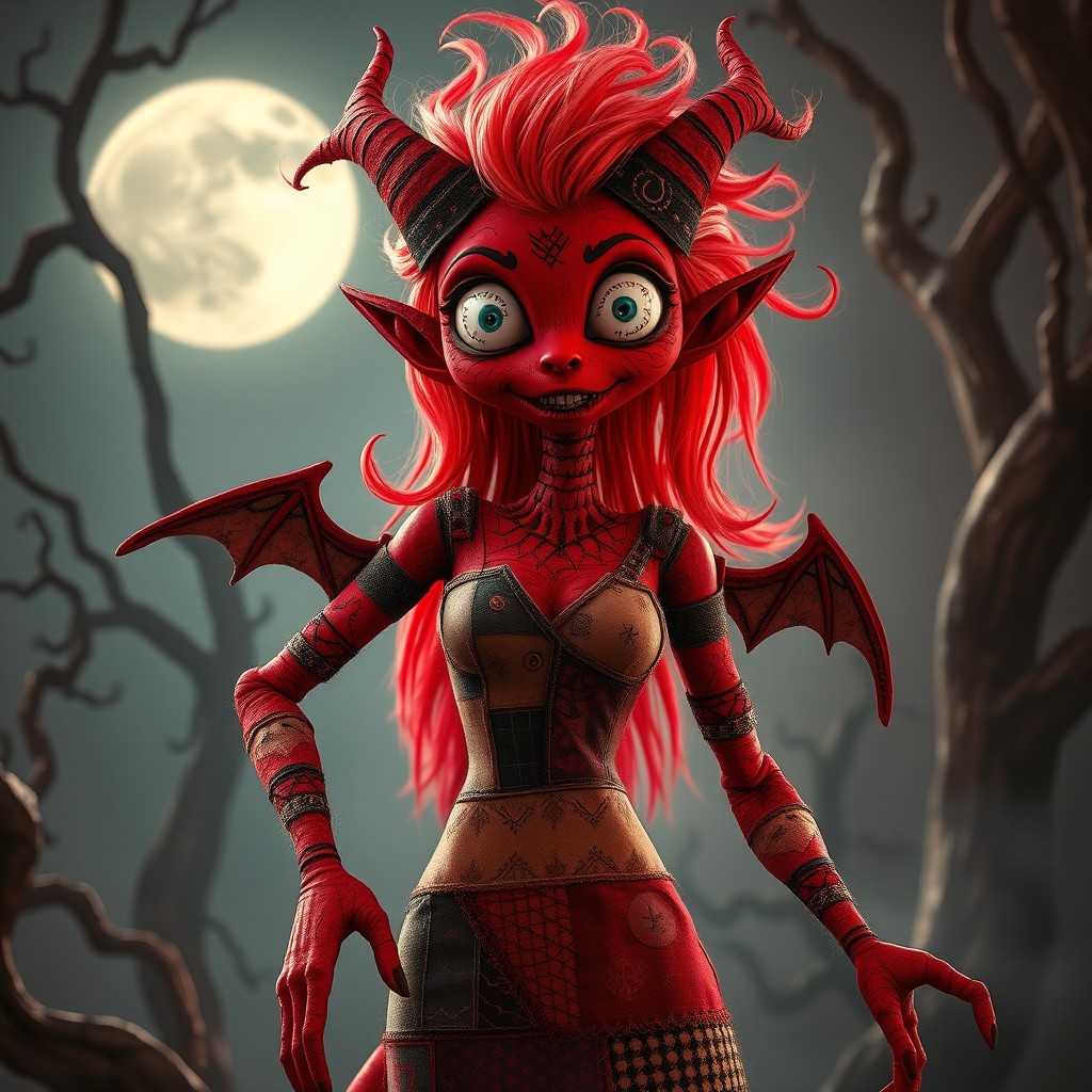 A female demon character with stitched detachable limbs, inspired by the enchanting style of Sally from The Nightmare Before Christmas