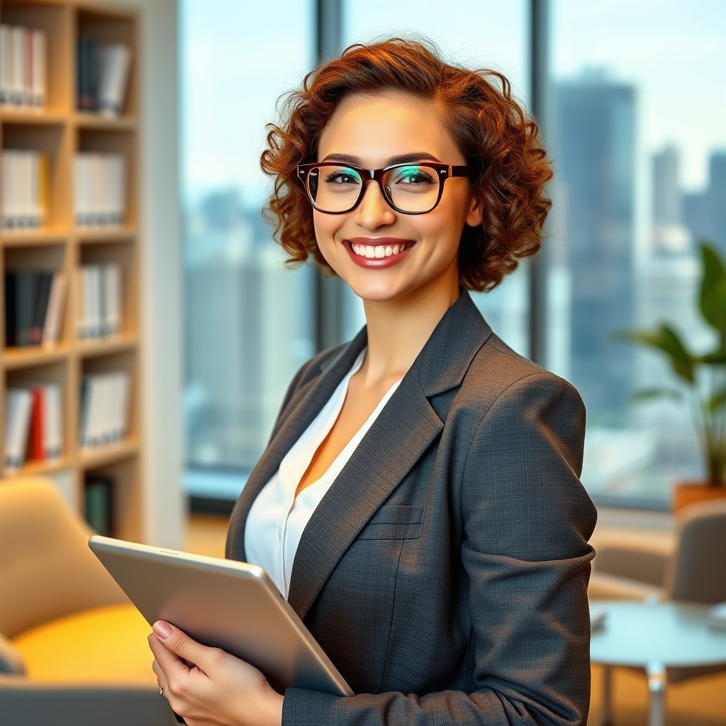 A portrait of a confident young woman with short, curly brown hair, wearing glasses and a stylish blazer while standing in a modern office environment