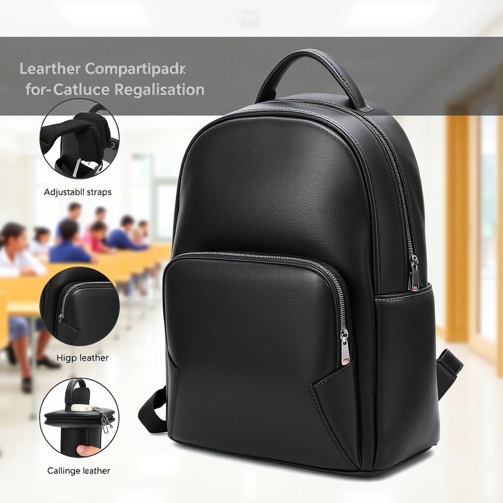 A stylish leather backpack designed for school use, featuring multiple compartments for organization, made from high-quality black leather with a smooth finish