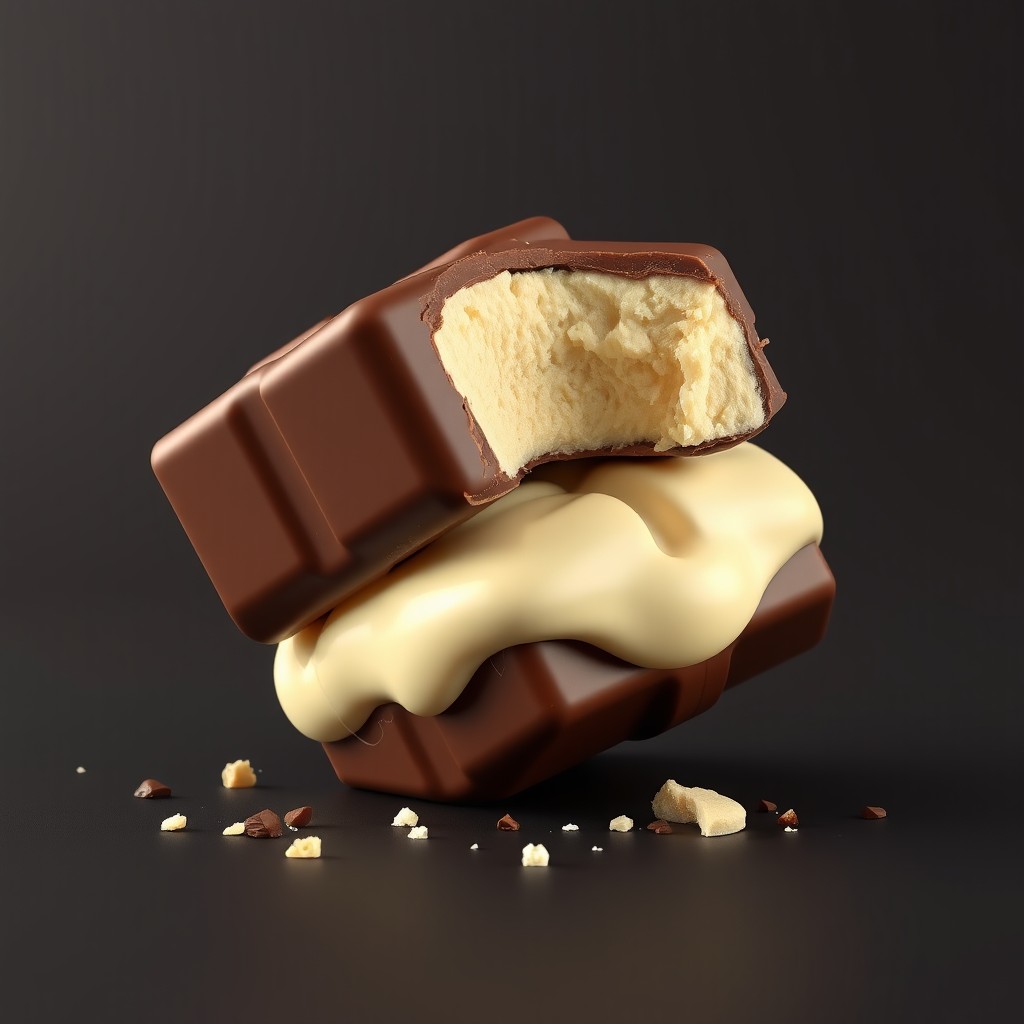 A realistic 3D-style vanilla ice cream sandwich composed of two cube-shaped chocolate bars, resembling pieces of a traditional chocolate bar, serving as the top and bottom layers