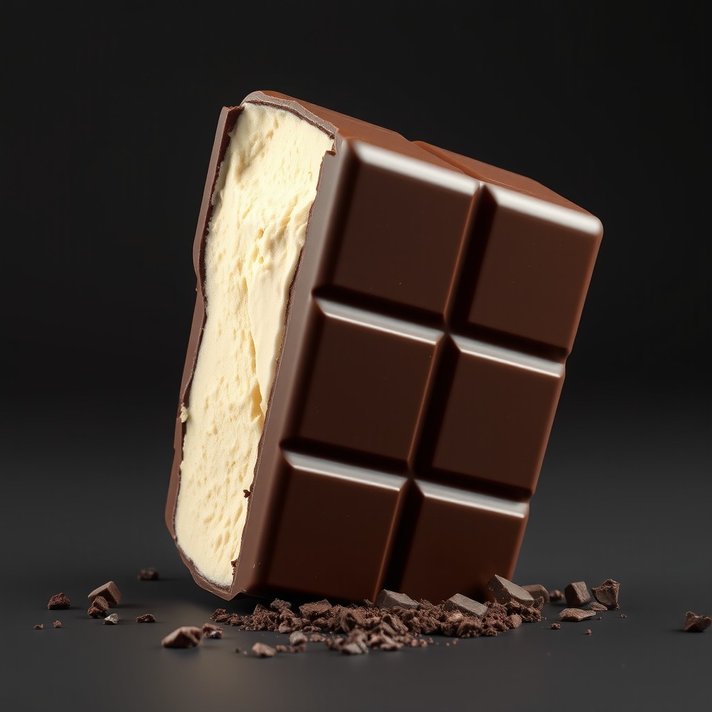 A realistic 3D-style vanilla ice cream sandwich mixed with dark chocolate crumbs, made with two long cube-shaped chocolate bars, resembling pieces of a traditional chocolate bar, as the top and bottom layers