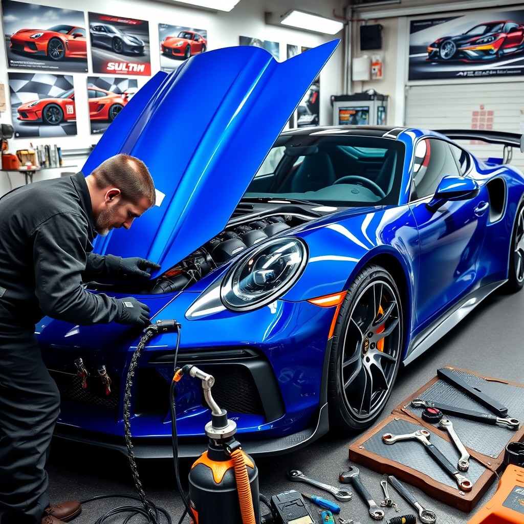 A detailed scene of a mechanic tuning a sleek, modern sports car in a well-equipped garage