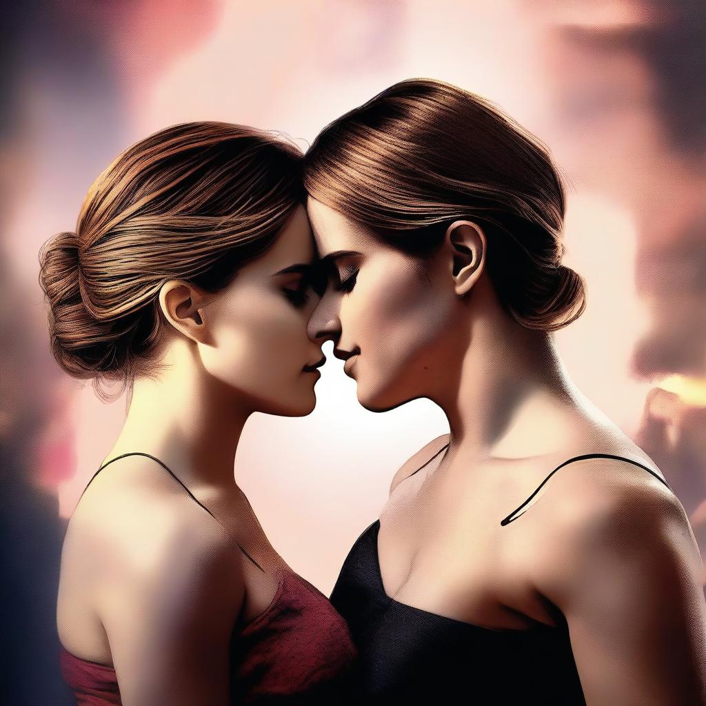 A high-quality digital art image showcasing Emma Watson in a sensual pose with an unidentified man