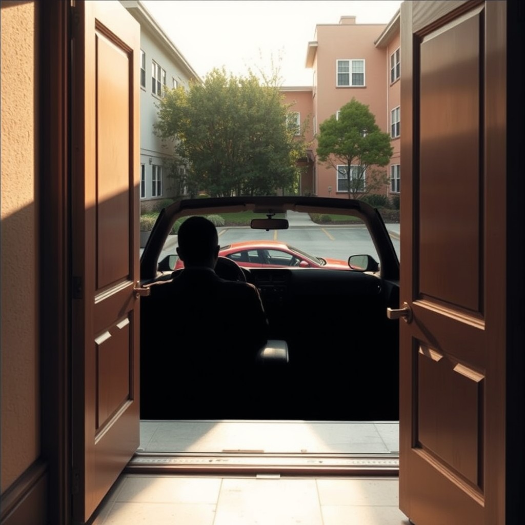 A view from an entrance door looking out onto a courtyard area featuring a parking lot