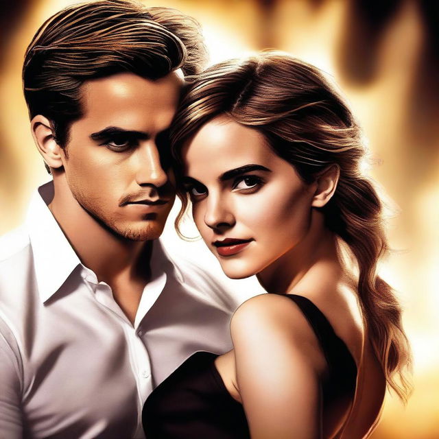 A high-quality digital art image showcasing Emma Watson in a sensual pose with an unidentified man