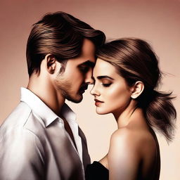 A high-quality digital art image showcasing Emma Watson in a sensual pose with an unidentified man