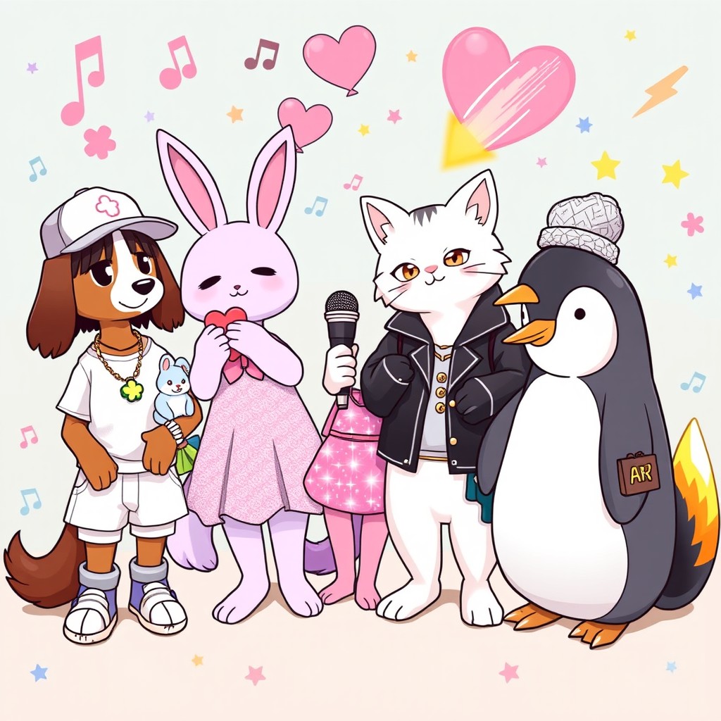 A whimsical scene featuring five anthropomorphic animals with unique styles and accessories