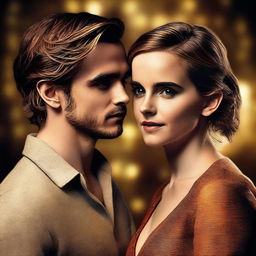 A high-quality digital art image showcasing Emma Watson in a sensual pose with an unidentified man