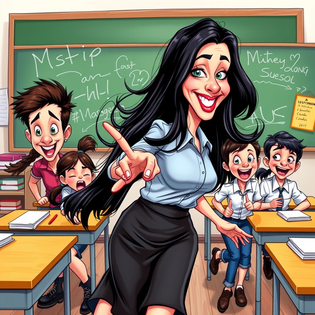 A humorous caricature of a female teacher with long black hair, dressed in a classic style, featuring a blouse and a skirt