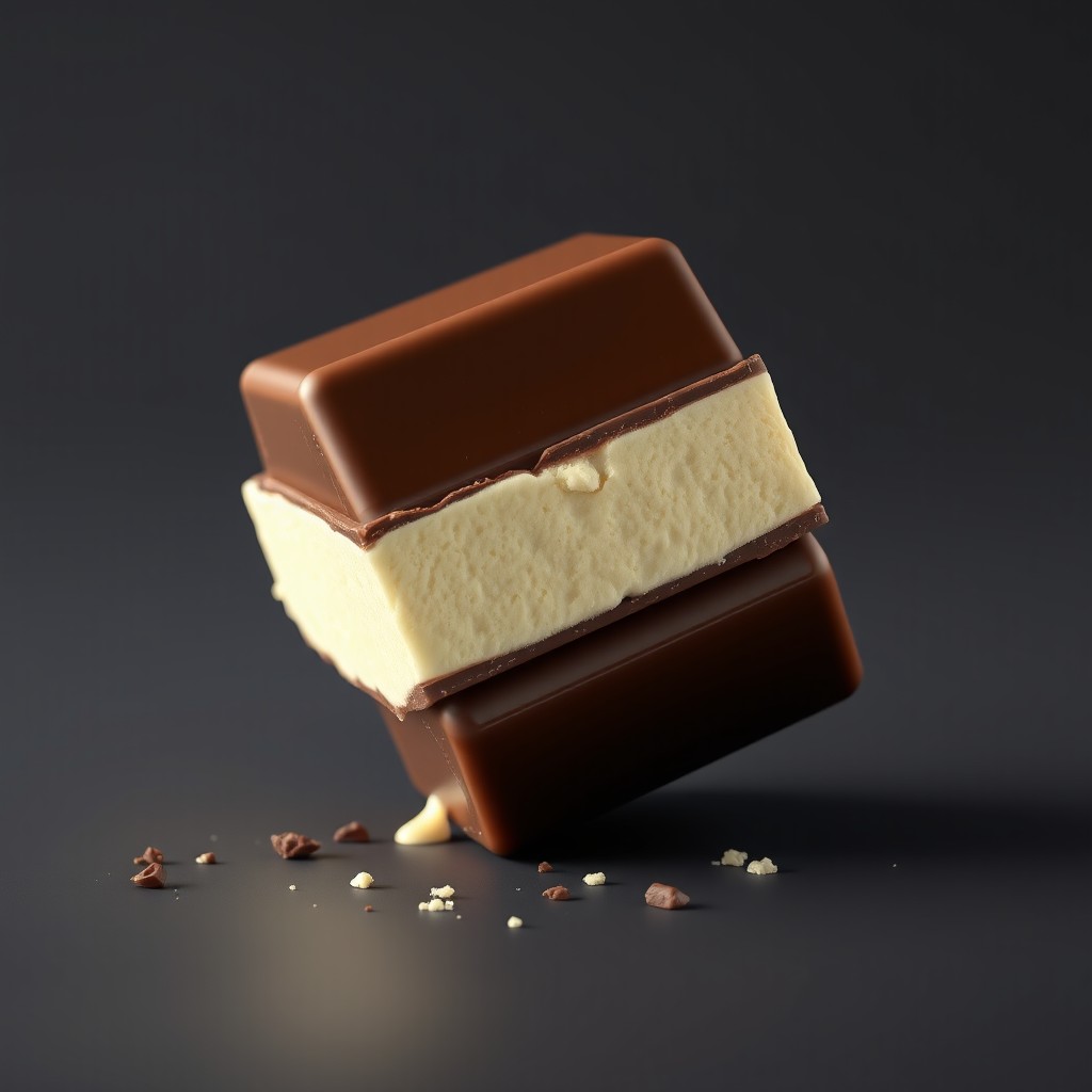 A realistic 3D-style vanilla ice cream sandwich made with two cube-shaped chocolate bars as the top and bottom layers