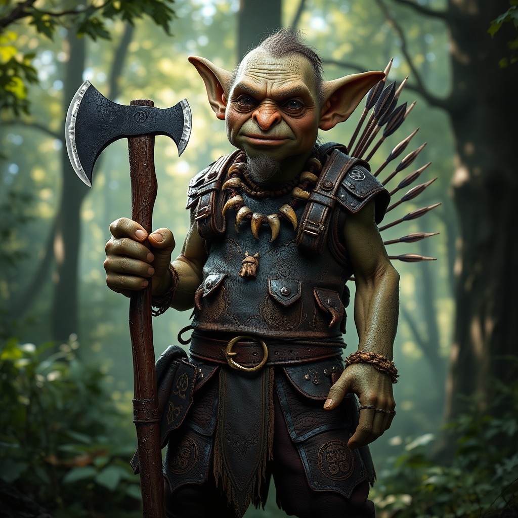 A wise-faced goblin standing in a lush, enchanted forest