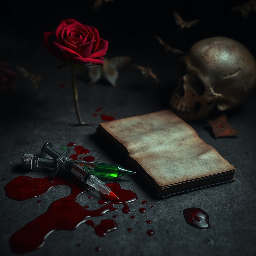 A dark and mysterious scene featuring blood splatters on the ground