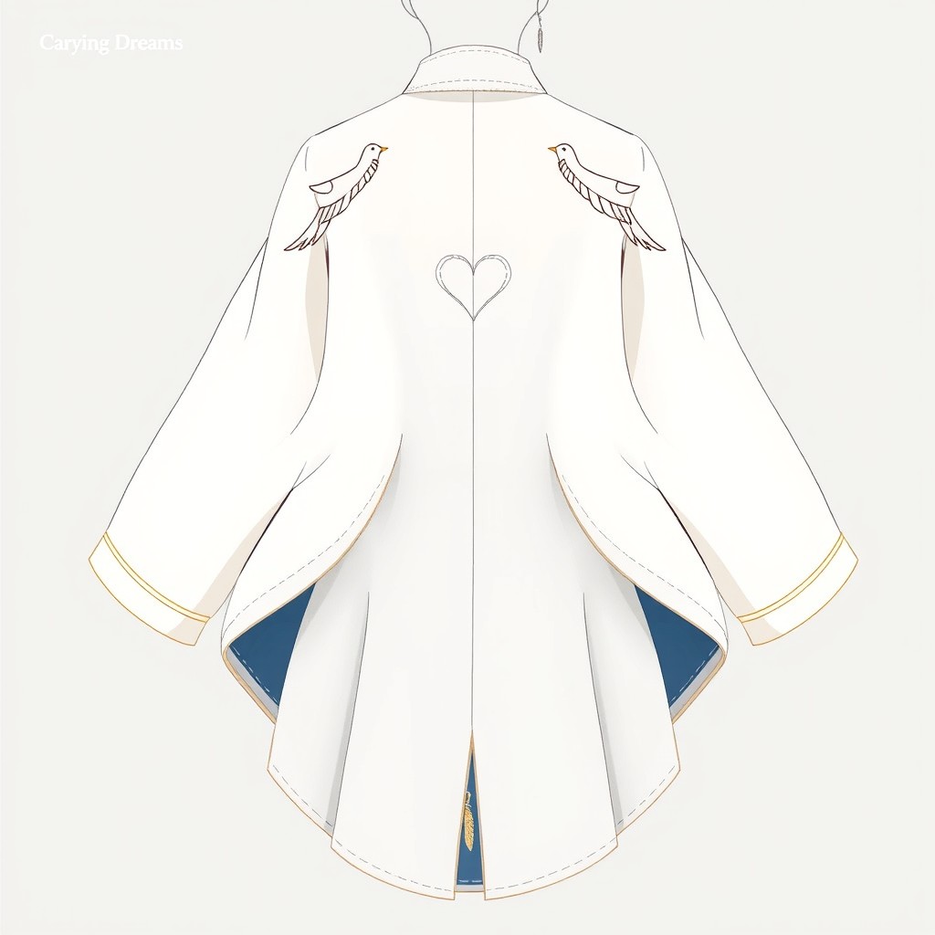 Design concept for a coat named 'Carrying Dreams', featuring a flowing silhouette with a longer back hem that resembles the tail of a bird in flight, symbolizing dreams being carried forward