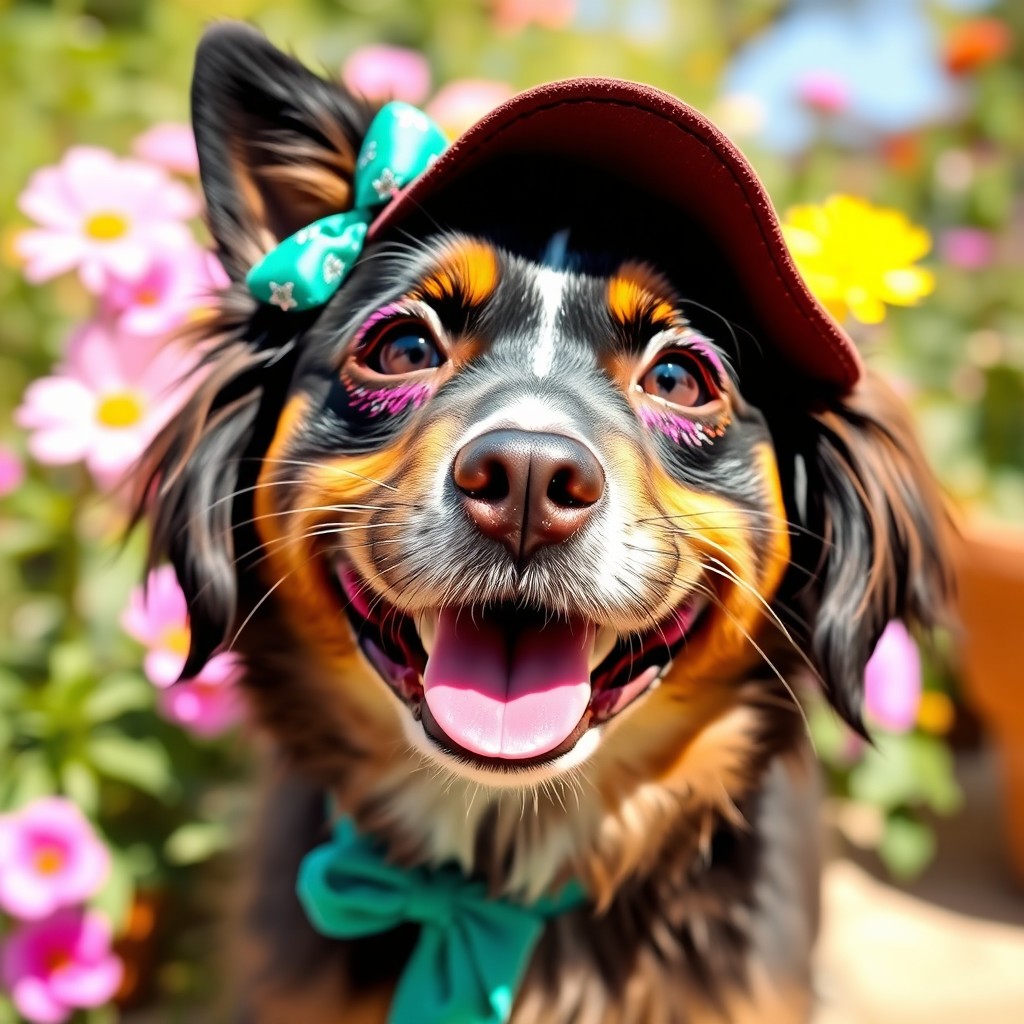 A playful dog with colorful, whimsical makeup on its face, showcasing vibrant eye shadows, sparkly glitter, and stylish accessories like a bow or hat