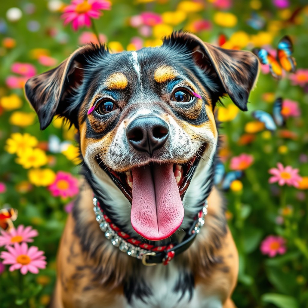 A joyful dog adorned with bright and playful makeup, featuring bold eye shadows in blues and pinks, a touch of glitter, and a sparkling collar