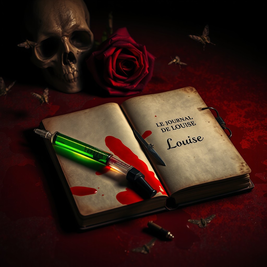 A dark and mysterious scene featuring blood splatters on the ground, a syringe filled with green poison lying next to an old, open simple diary titled 'Le Journal De Louise'