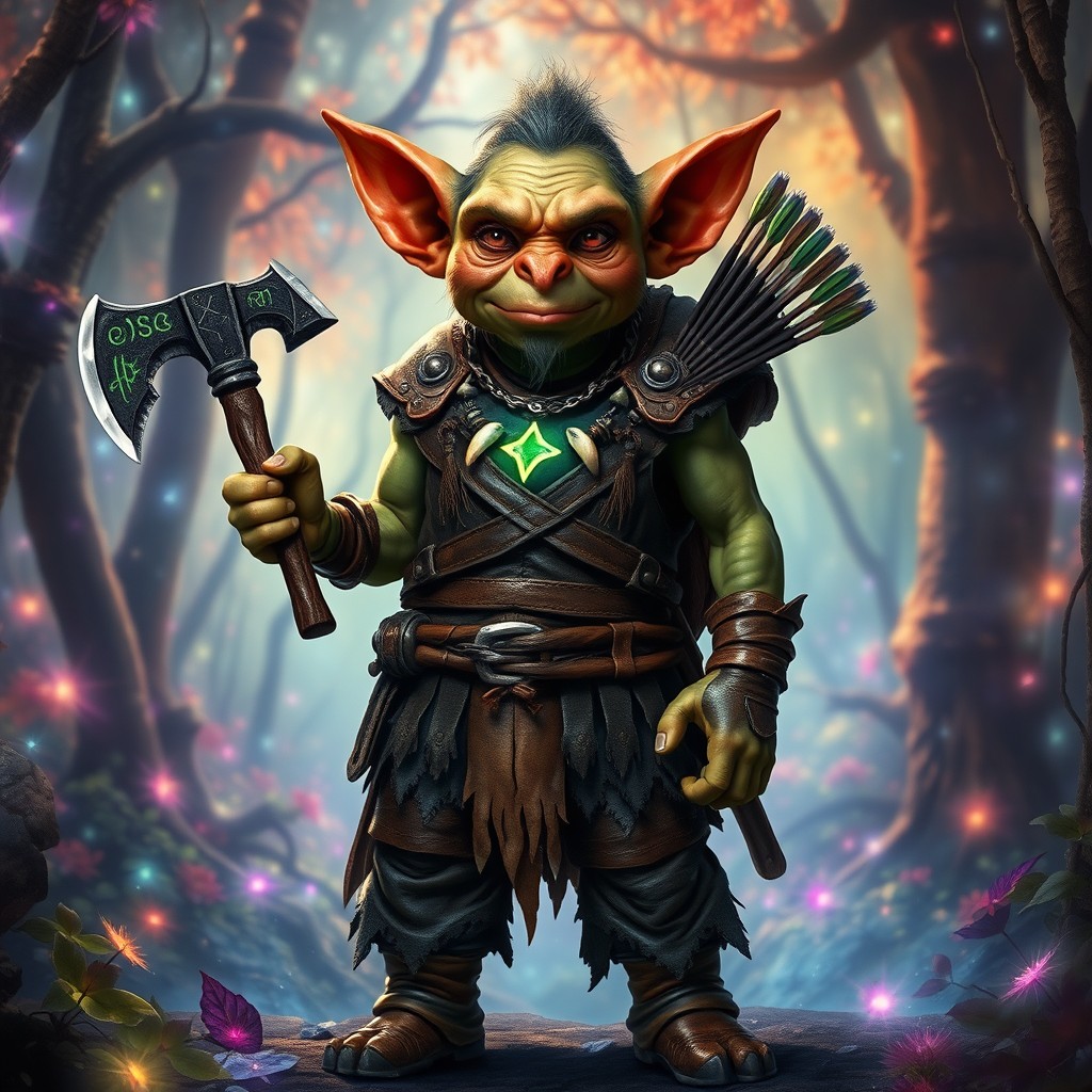 A wise-faced goblin standing in magical woods filled with vibrant, ethereal colors and shimmering light