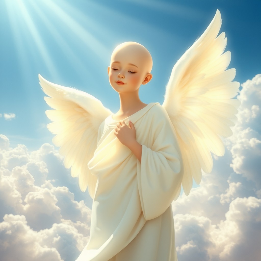 A beautiful angel with a bald head, exuding an ethereal glow