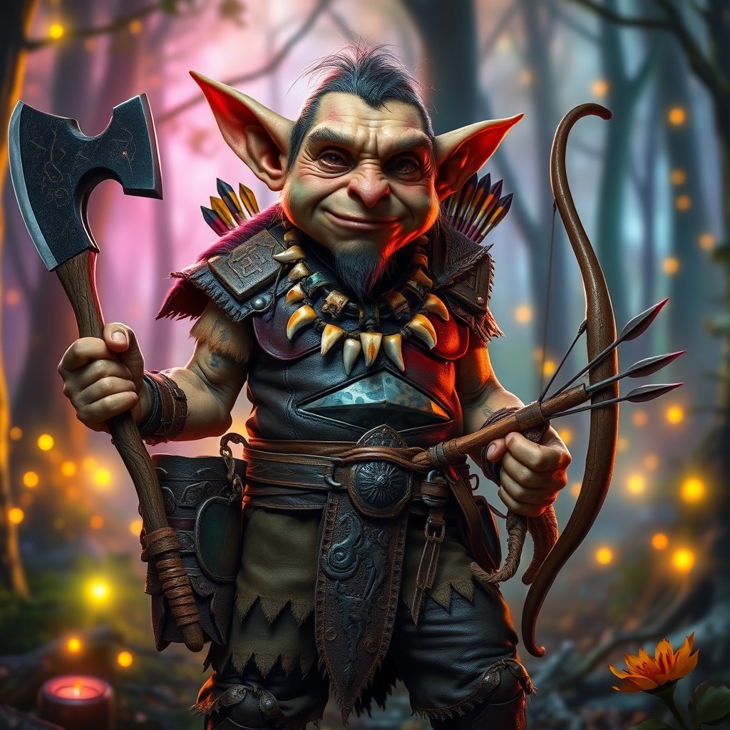 A wise-faced goblin standing in magical woods filled with enchanting colors and luminous light