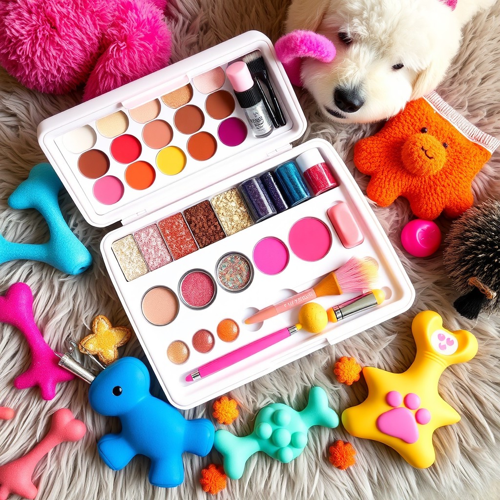 A beautifully arranged dog makeup kit featuring an array of colorful products designed for pet grooming