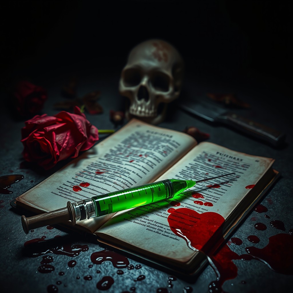 A dark and mysterious scene showcasing blood splatters on the ground with a syringe filled with green poison next to an old open diary