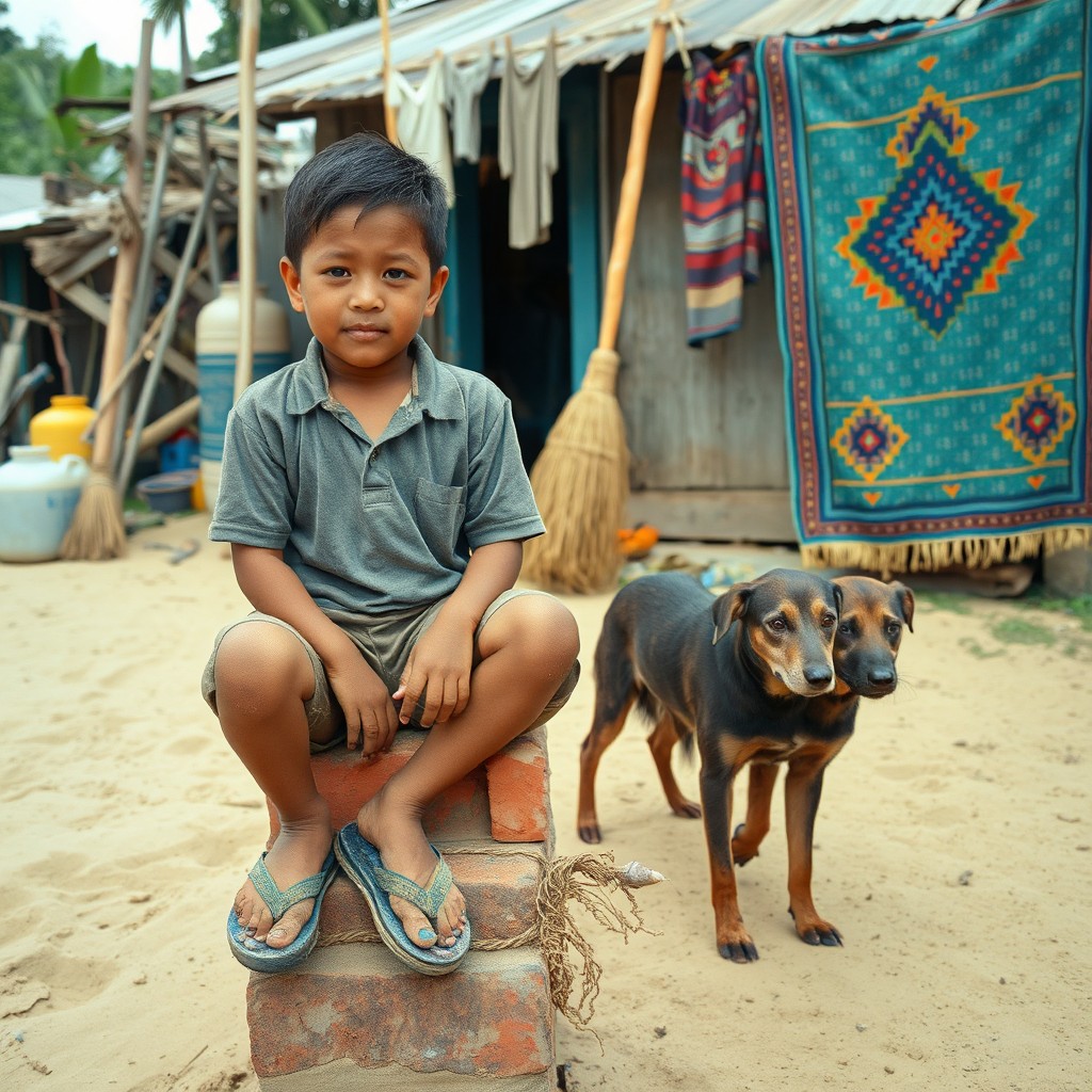 A vibrant Peruvian coastal and jungle scene featuring a boy with rugged clothing, sitting on a brick